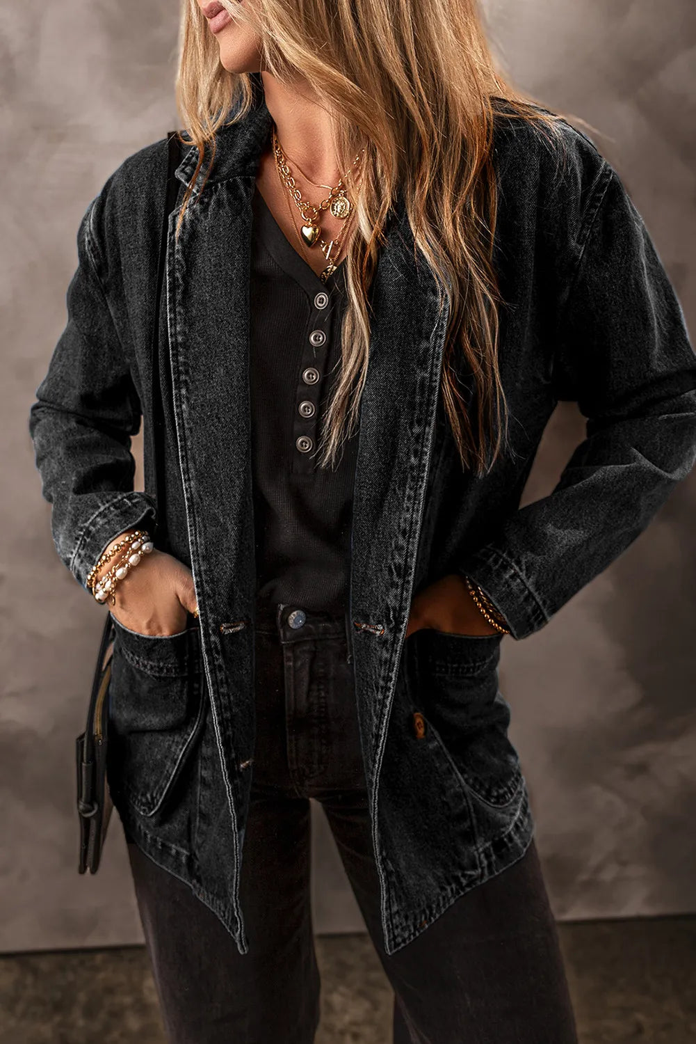 Pocketed Long Sleeve Denim Jacket, view 2