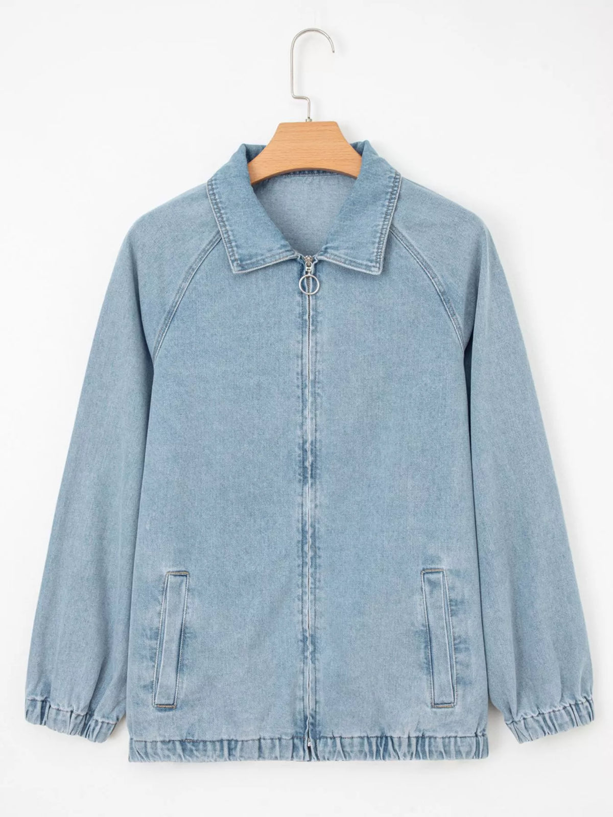 Elastic Edge Collared Zip Up Denim Jacket With Pocket, view 5