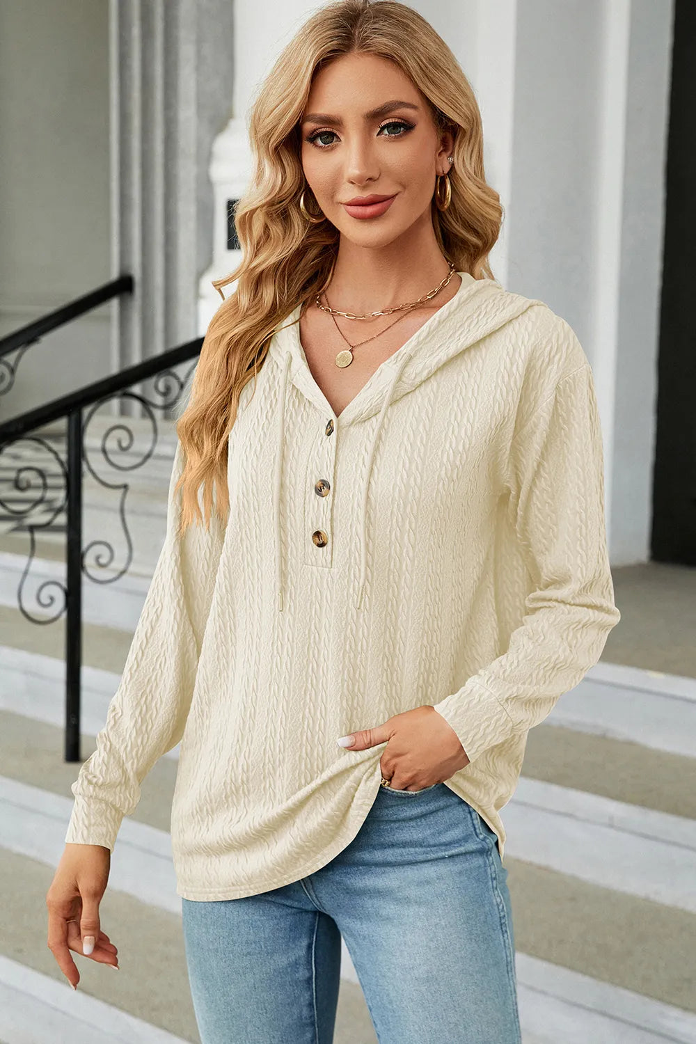 Drawstring Half Button Long Sleeve Hoodie - Lilixa.store