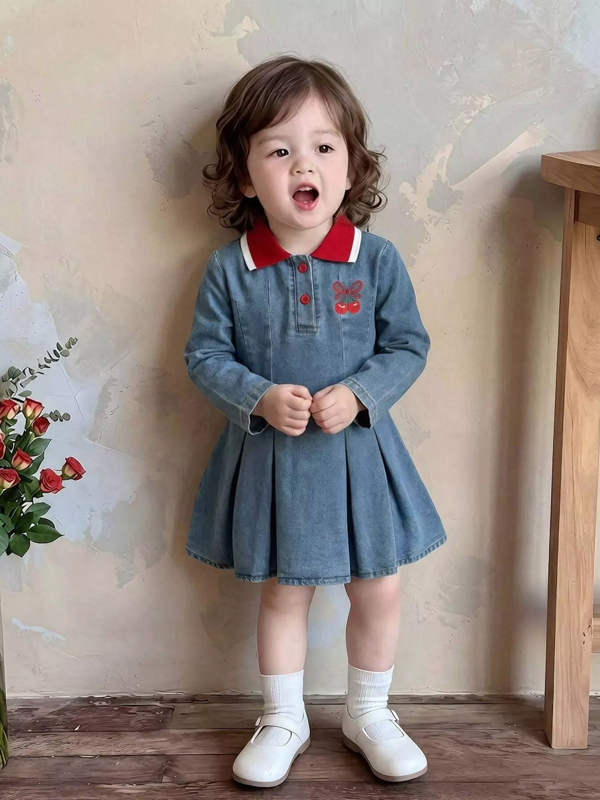 Children's Cherry Embroidered Polo Dress in Sea Blue
