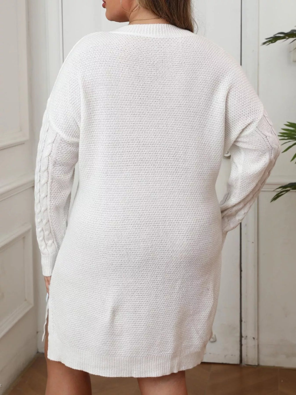 Plus Size Cable Knit Long Sleeve Sweater Dress - Lilixa.store