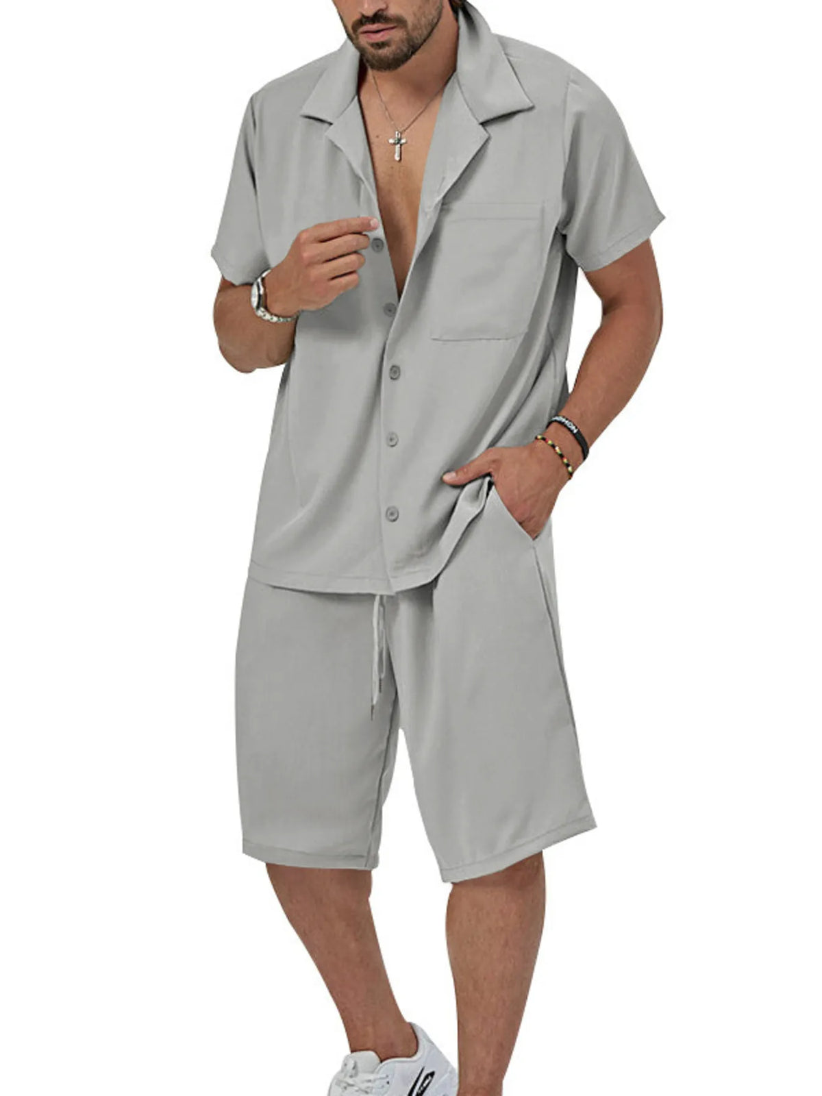 Men's Plus Size Button Up Short Sleeve Shirt and Shorts Set in Gray