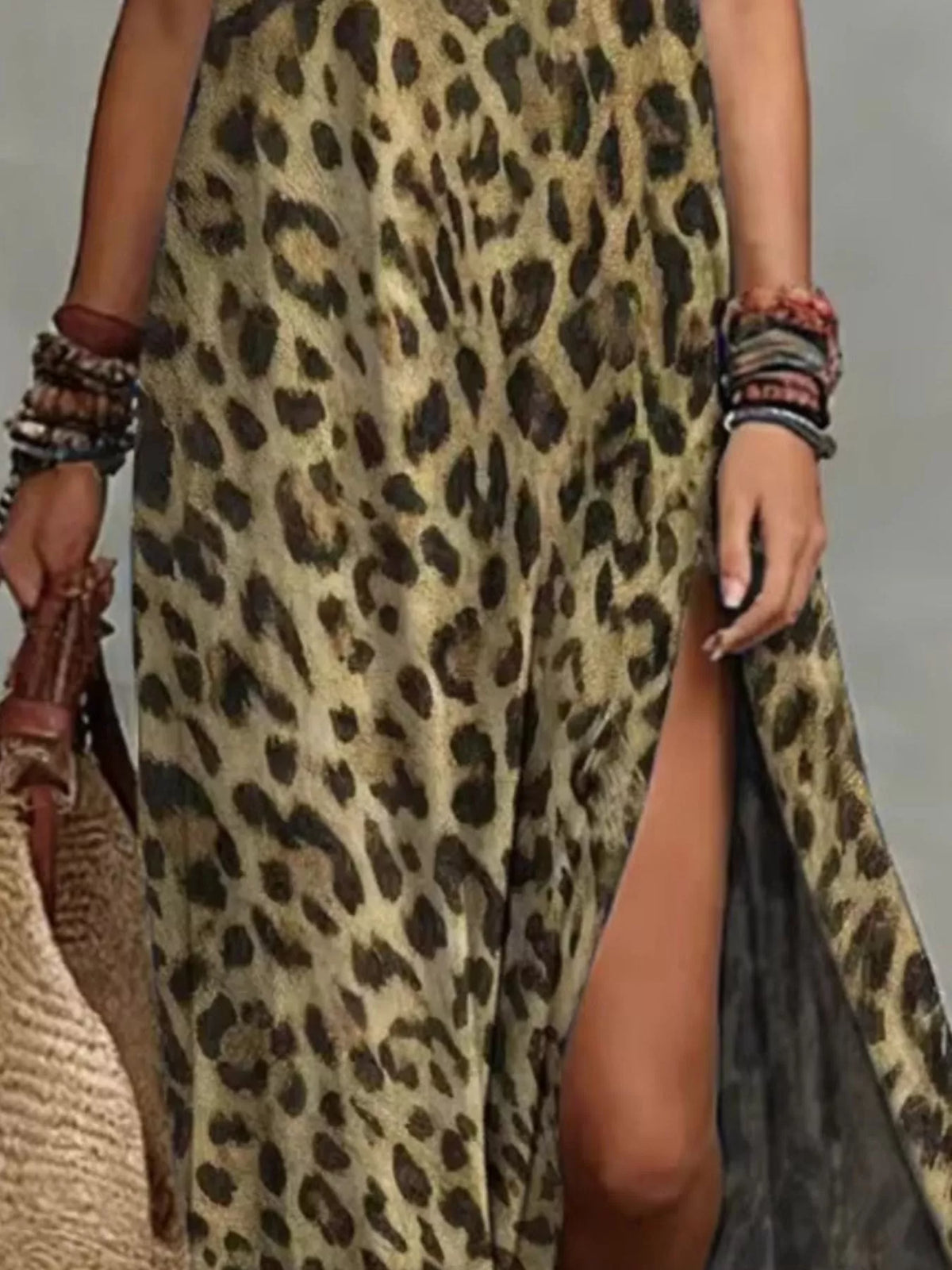 Leopard Print Sleeveless Maxi Dress with Side Slit, view 4