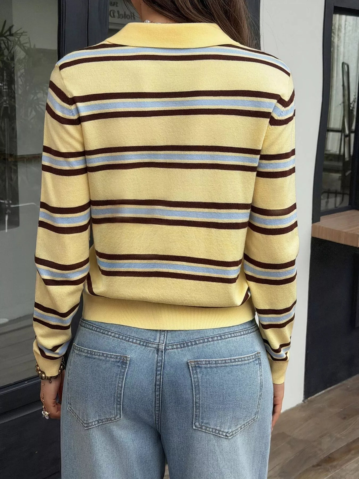 Striped Polo Collar Knit Top - Lilixa.store