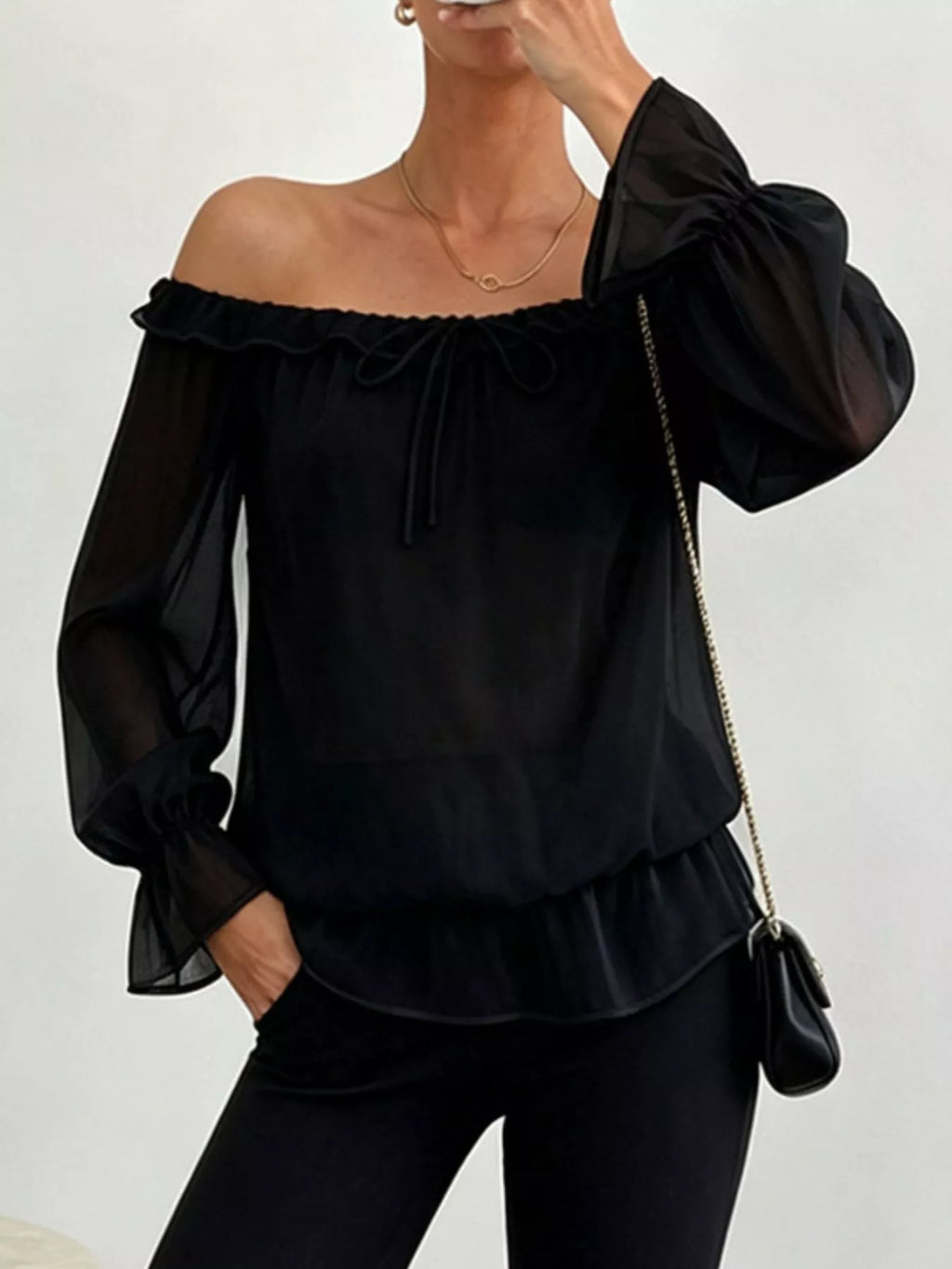 Off-Shoulder Flounce Sleeve Chiffon Blouse - Lilixa.store