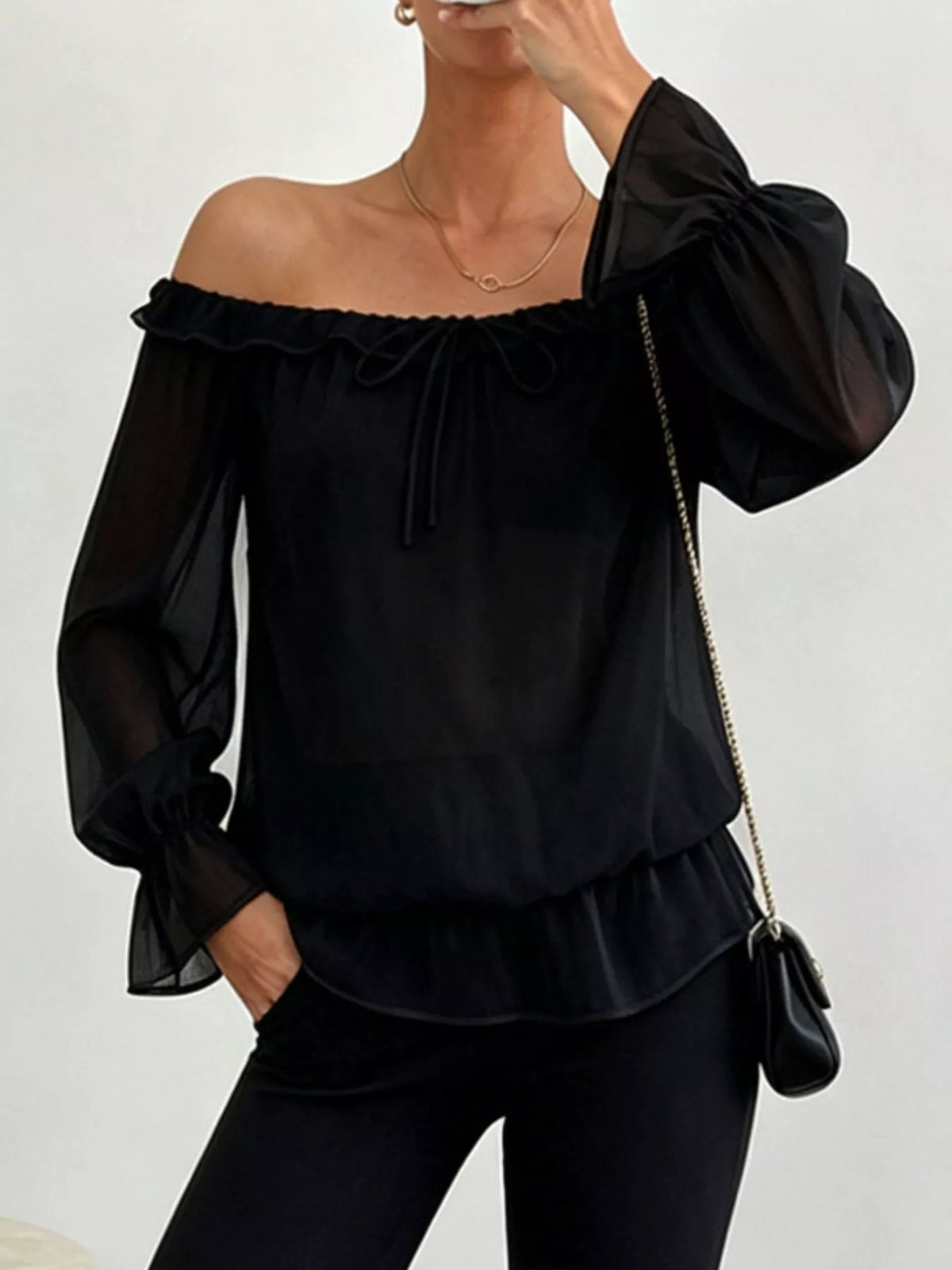 Off-Shoulder Flounce Sleeve Chiffon Blouse - Lilixa.store