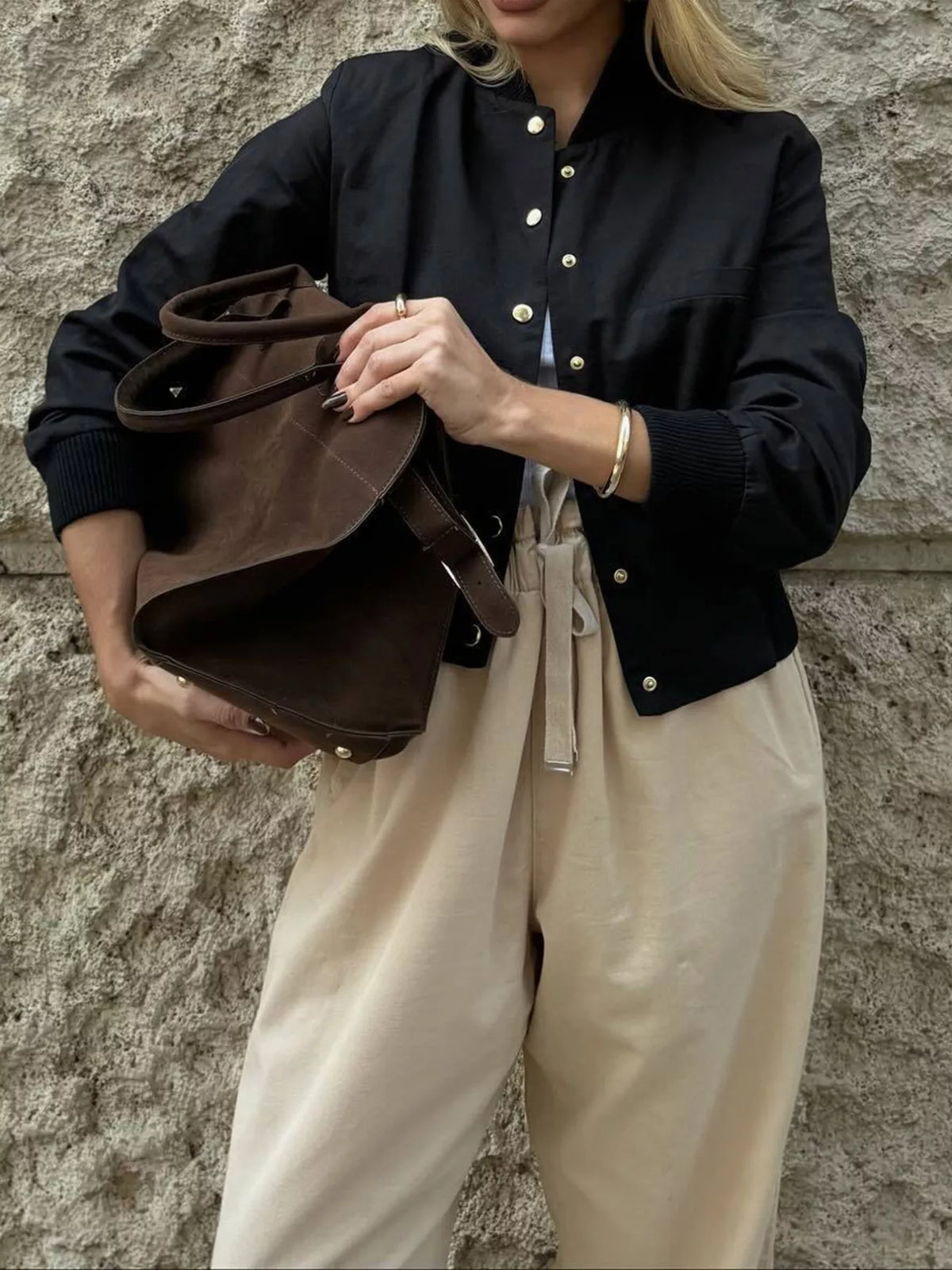 Snap Down Cropped Bomber Jacket in Black, view 2