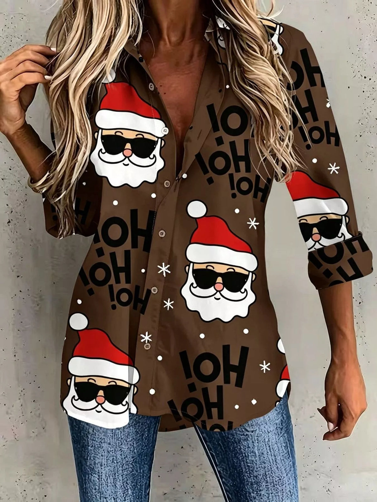 Full Size Christmas Santa Claus Print Button-Down Shirt Plus Size in Chocolate