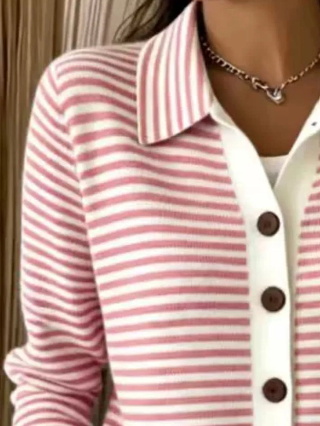 Striped Collared Button-Down Knit Cardigan - Lilixa.store