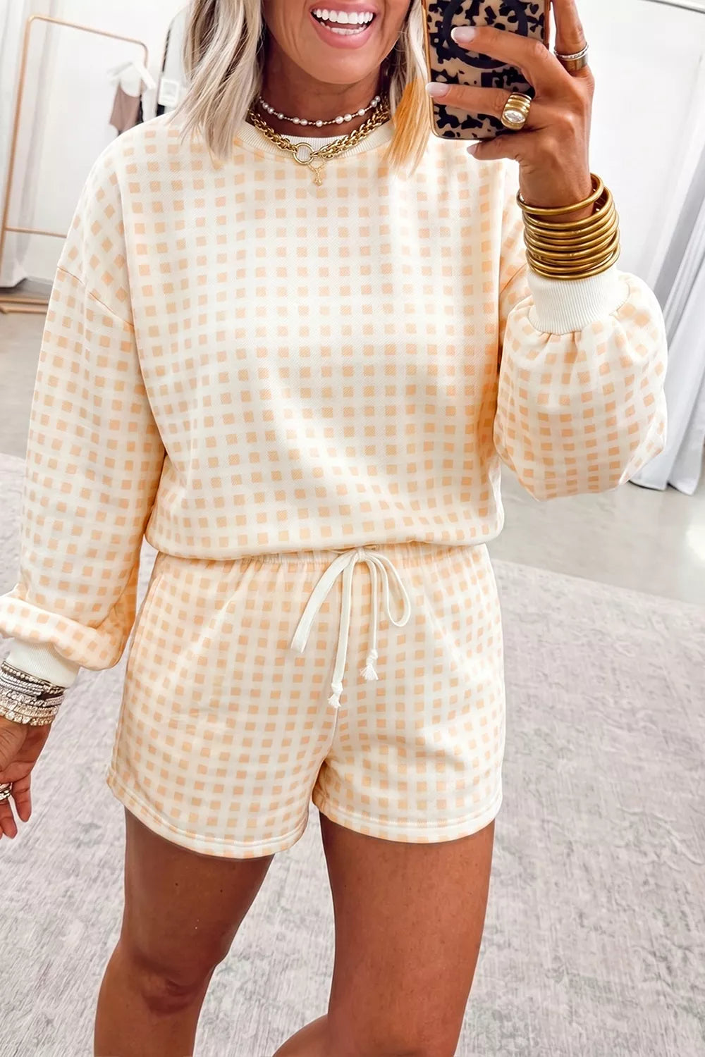 Gingham Long Sleeve Sweatshirt and Shorts Set - Lilixa.store