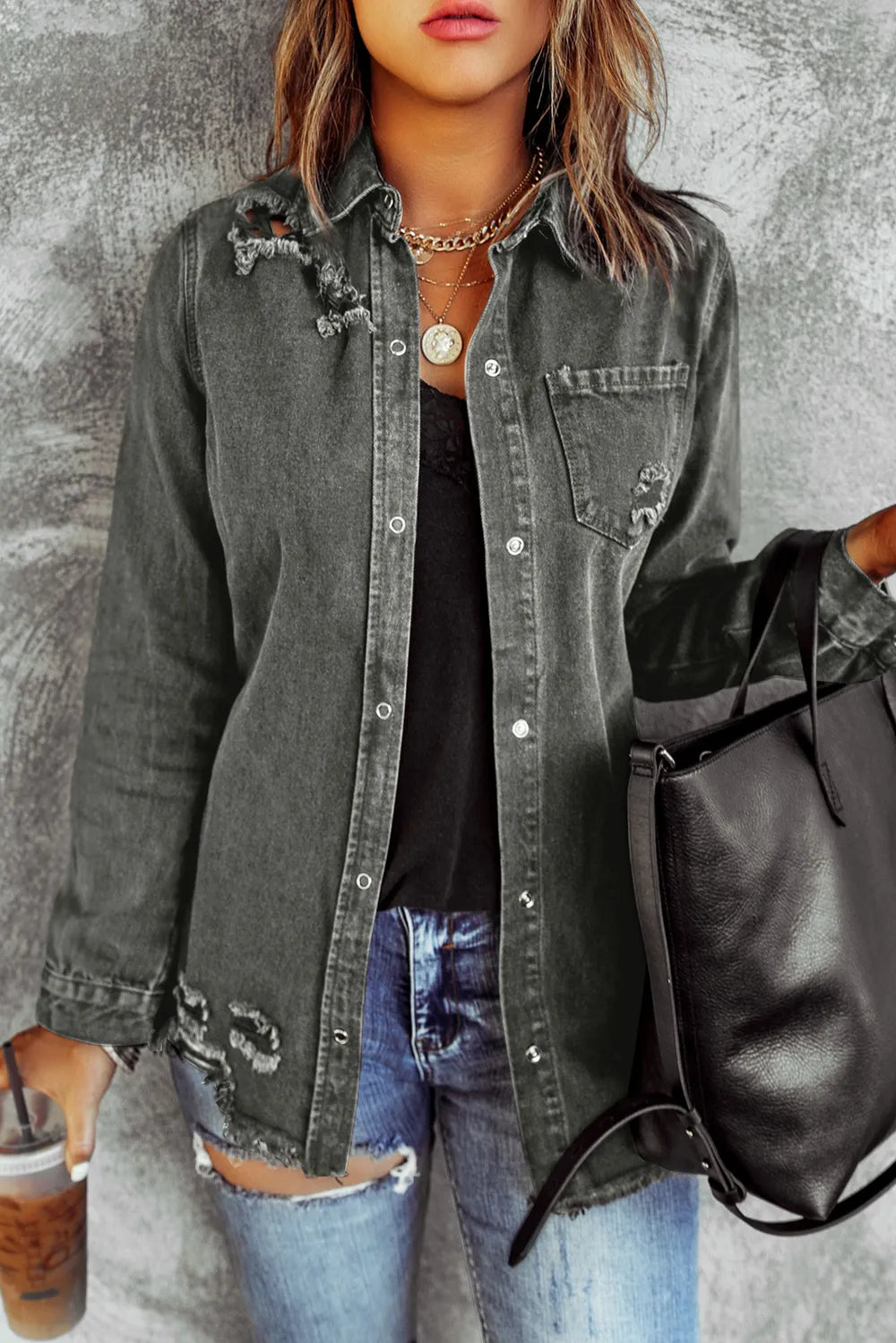 Distressed Raw Hem Snap Down Denim Jacket in Dark Gray