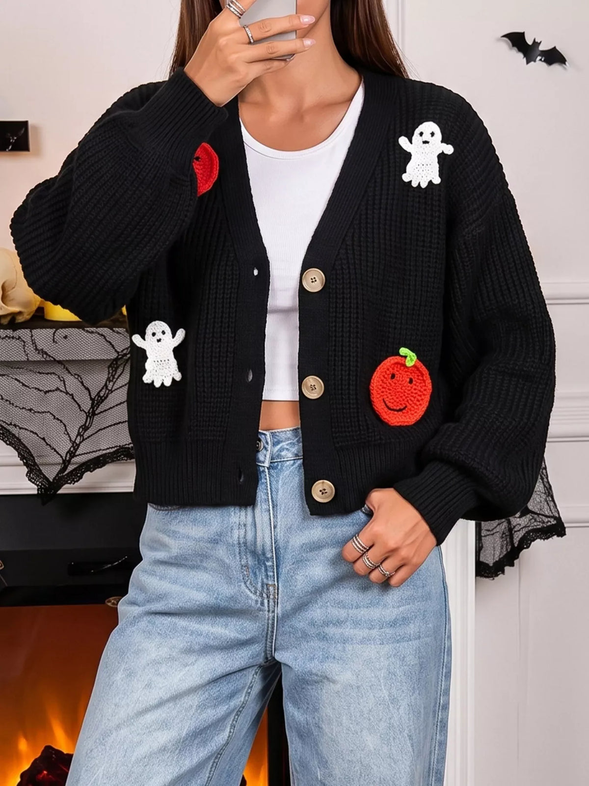 Halloween Pumpkin and Ghost Applique Knit Cardigan, view 2