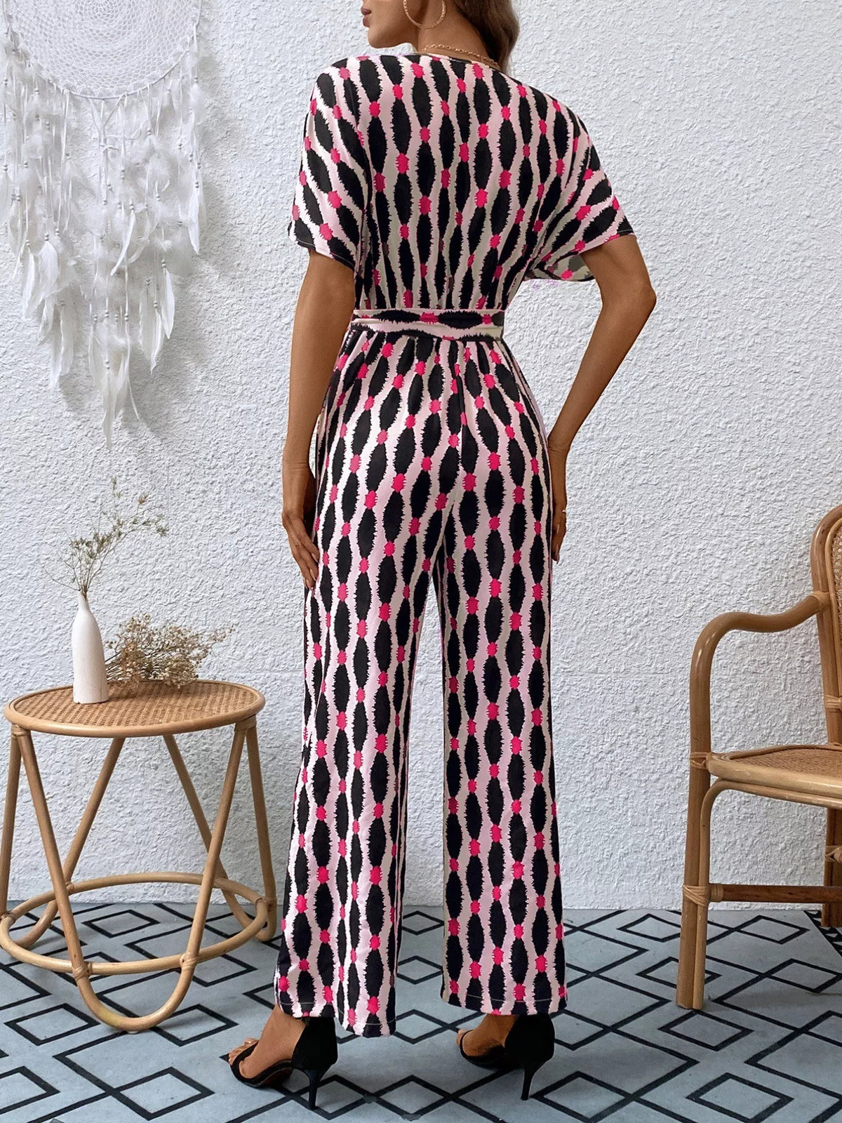 Printed Surplice Tie Waist Short Sleeve Jumpsuit - Lilixa.store