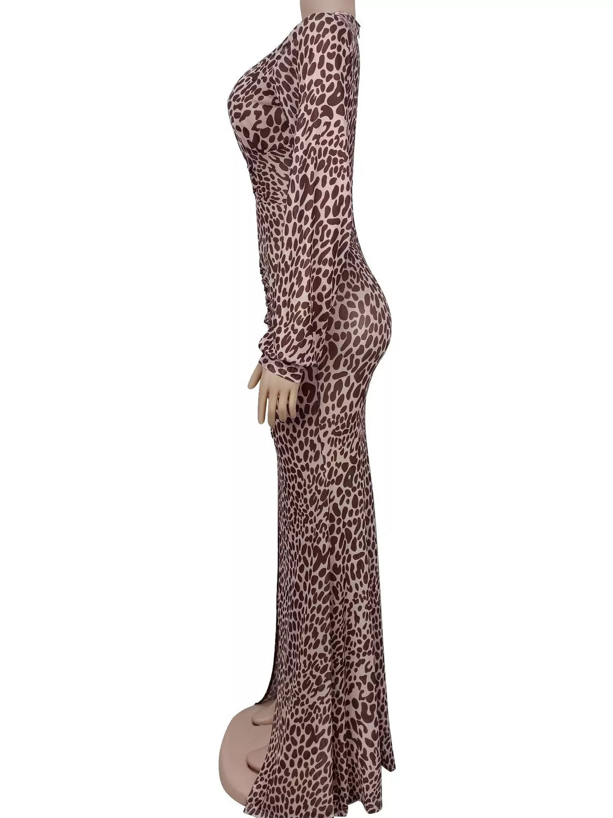 Leopard Print Deep V-Neck Long Sleeve High Slit Maxi Dress, view 4