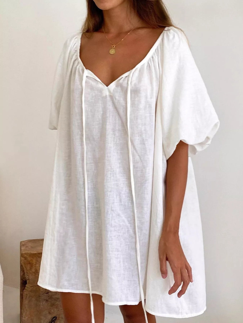 Tie Neck Puff Sleeve Lounge Dress - Lilixa.store