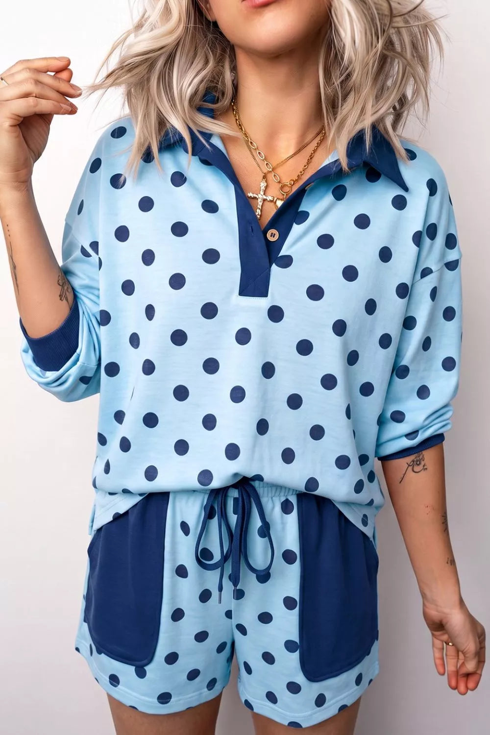 Polka Dot Drop Shoulder Polo Loose Pullover Patch Pocket Casual Shorts Set - Lilixa.store
