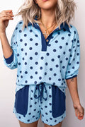 Polka Dot Drop Shoulder Polo Loose Pullover Patch Pocket Casual Shorts Set - Lilixa.store