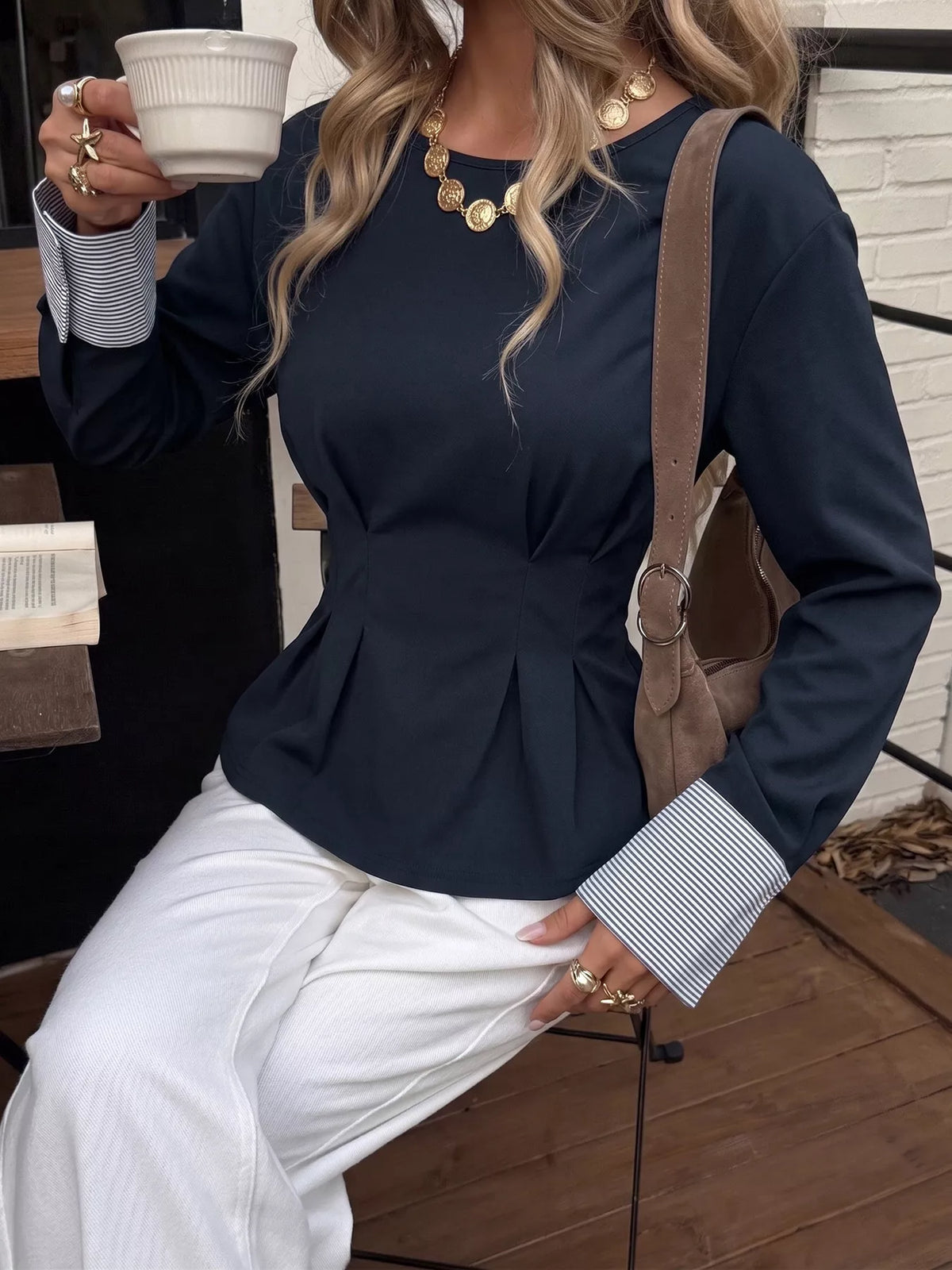 Round Neck Peplum Top with Striped Cuffs in Dark Blue, view 4