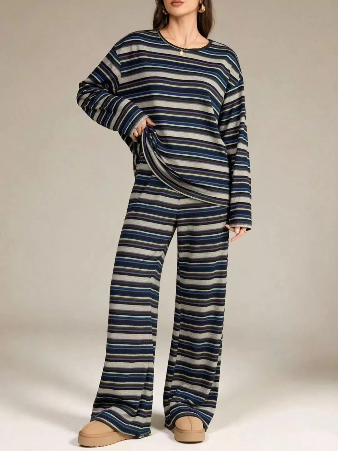 Striped Long-Sleeve Top and Wide-Leg Pants Set - Lilixa.store