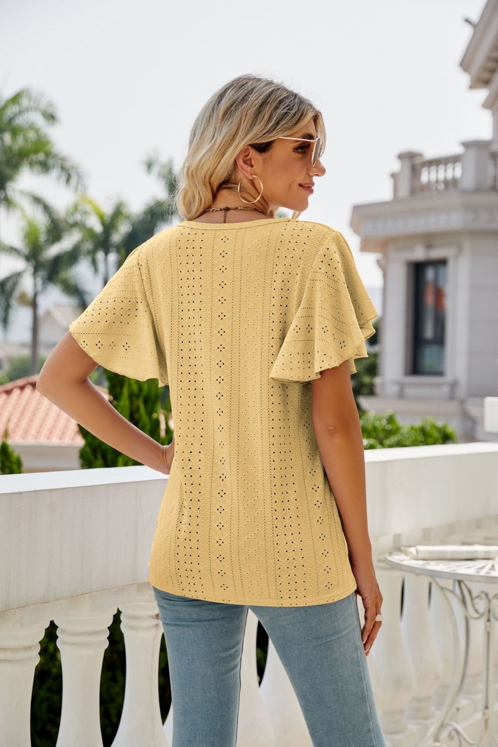 Eyelet Flutter Sleeve Round Neck Top, view 15