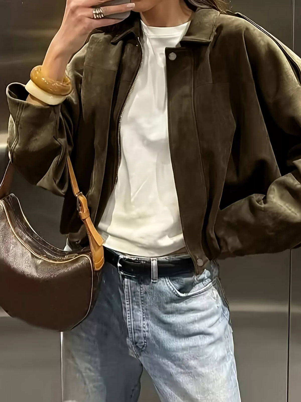 Suede Cropped Bomber Jacket in Army Green, view 3