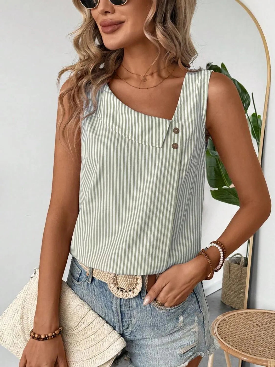 Decorative Button Asymmetrical Striped Tank - Lilixa.store