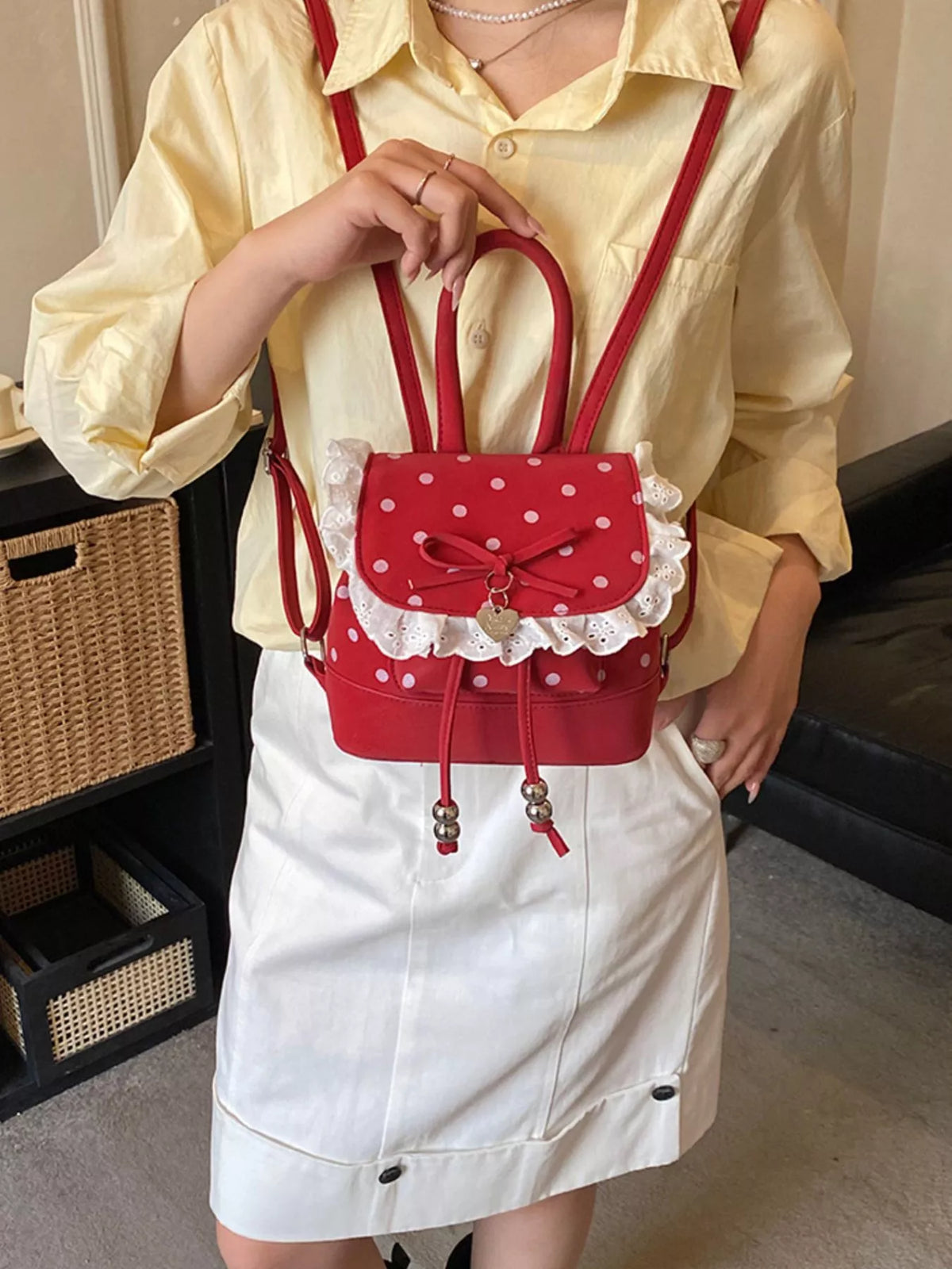 Polka Dot Lace Trim Backpack Bag - Lilixa.store