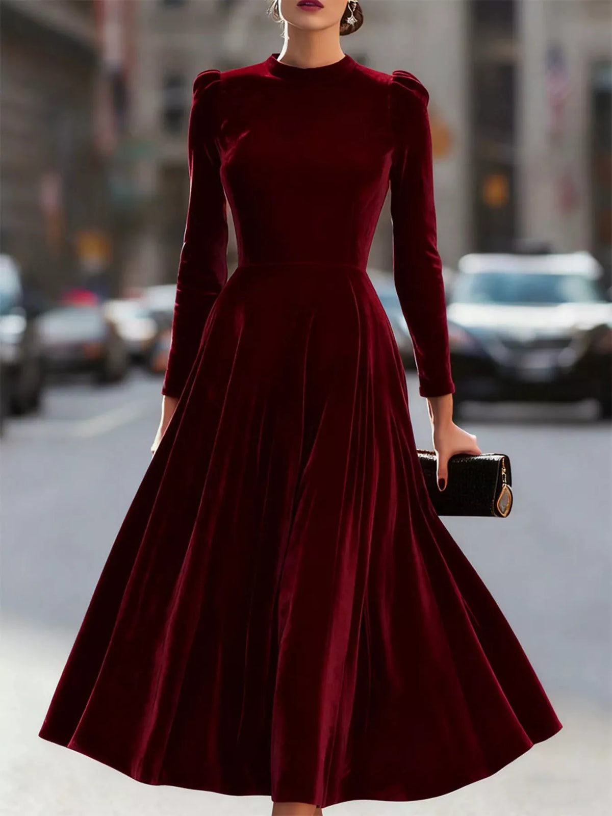 Velvet Long Sleeve A-Line Dress - Lilixa.store