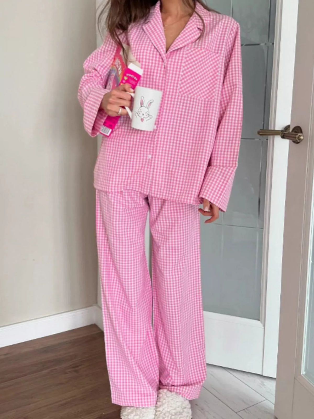 Gingham Button-Down Top and Pants Loungewear Set - Lilixa.store