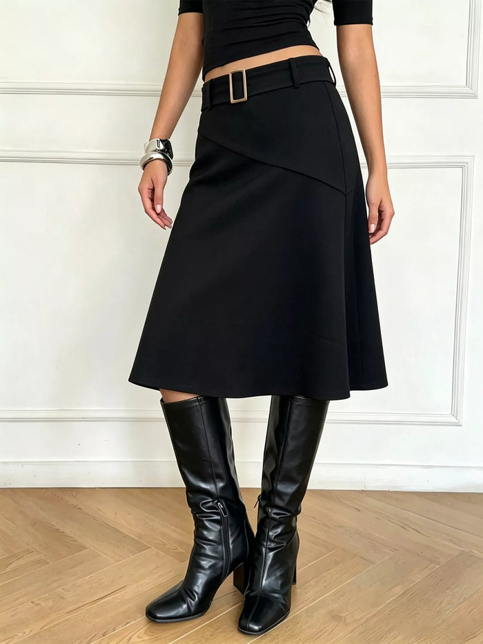 High-Waisted A-Line Midi Skirt with Belted Detail in Black