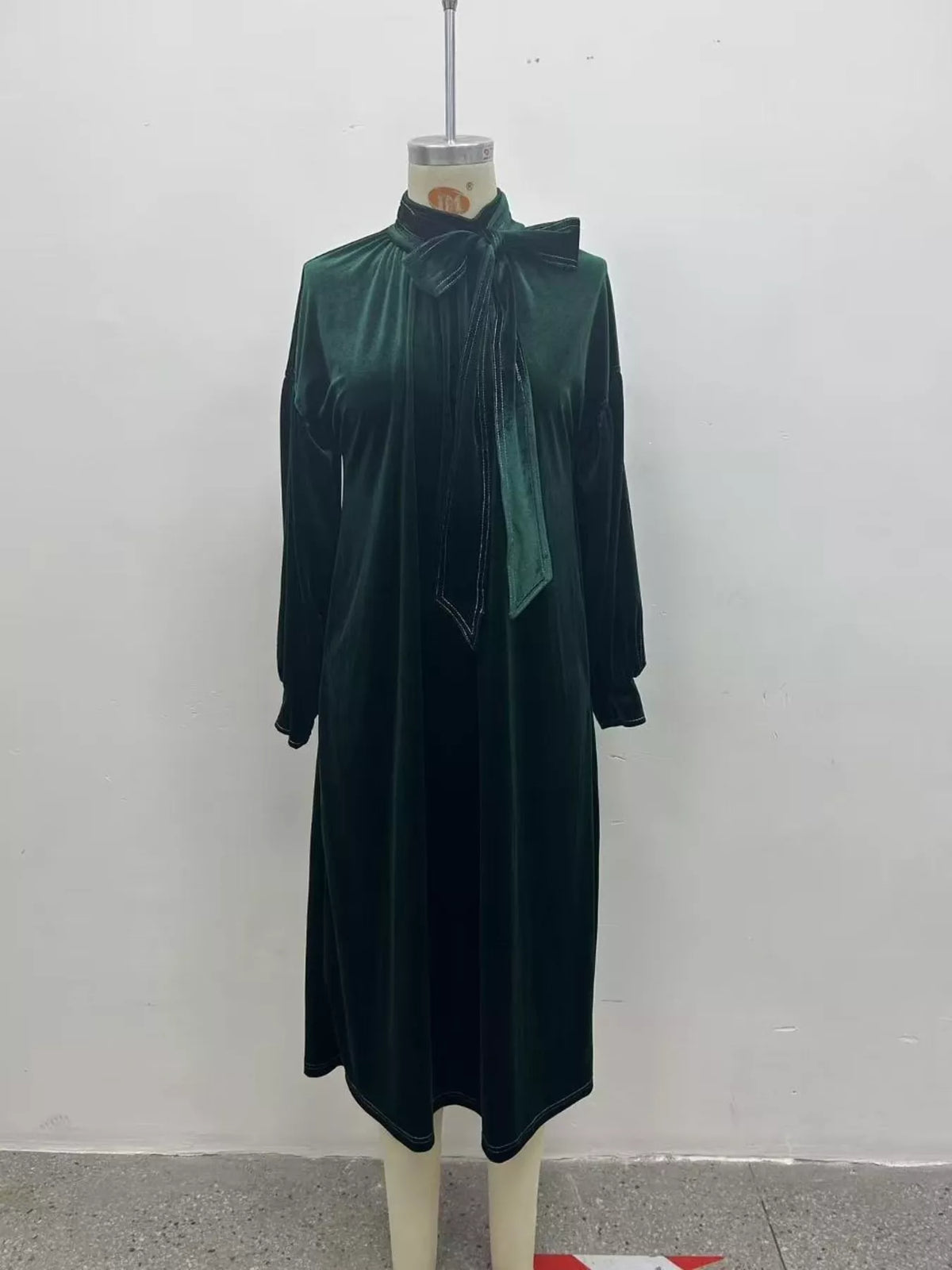 Full Size Velvet Tie-Neck Lantern Sleeve Midi Dress Plus Size