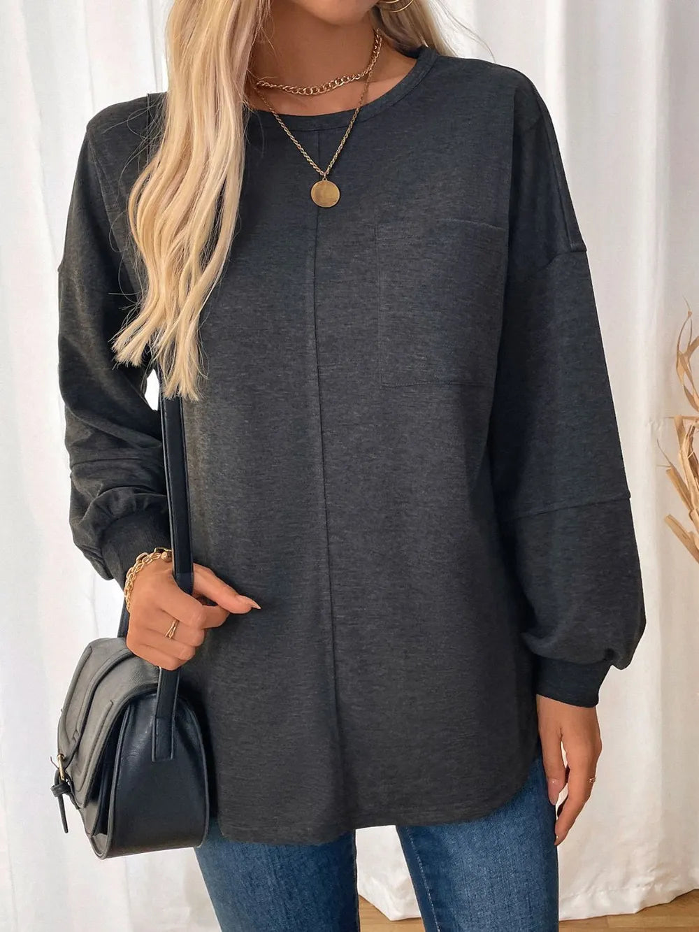 Perfee Pocketed Round Neck Long Sleeve Sweatshirt - Lilixa.store