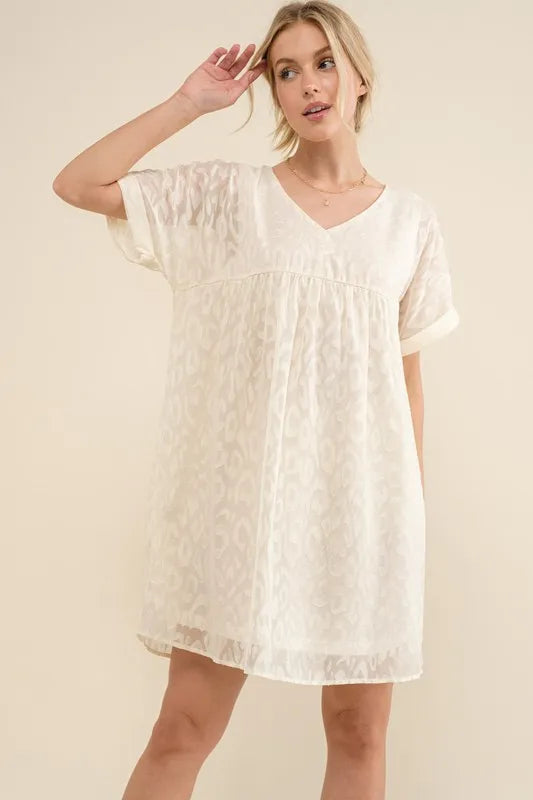 And The Why Woven Leopard Baby Doll Roll-Sleeve Casual Dress - Lilixa.store