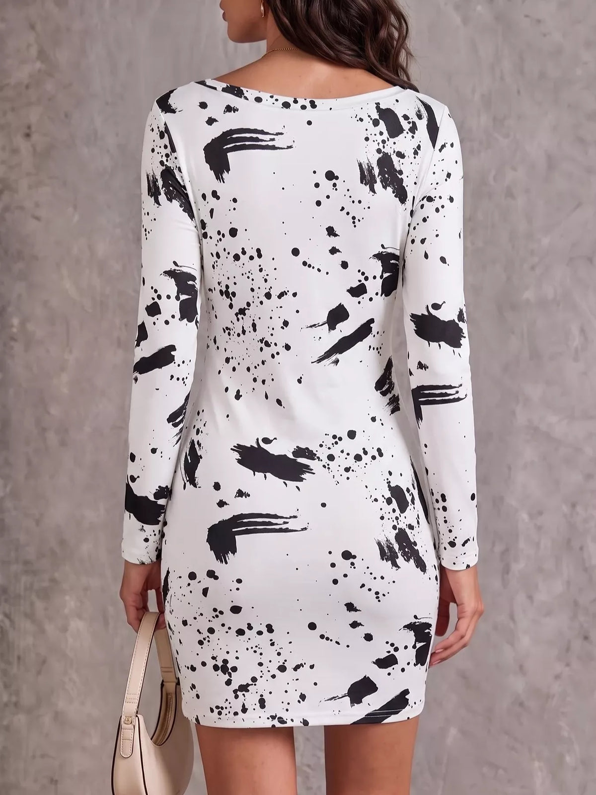 One-Shoulder Long Sleeve Paint Splatter Bodycon Mini Dress - Lilixa.store