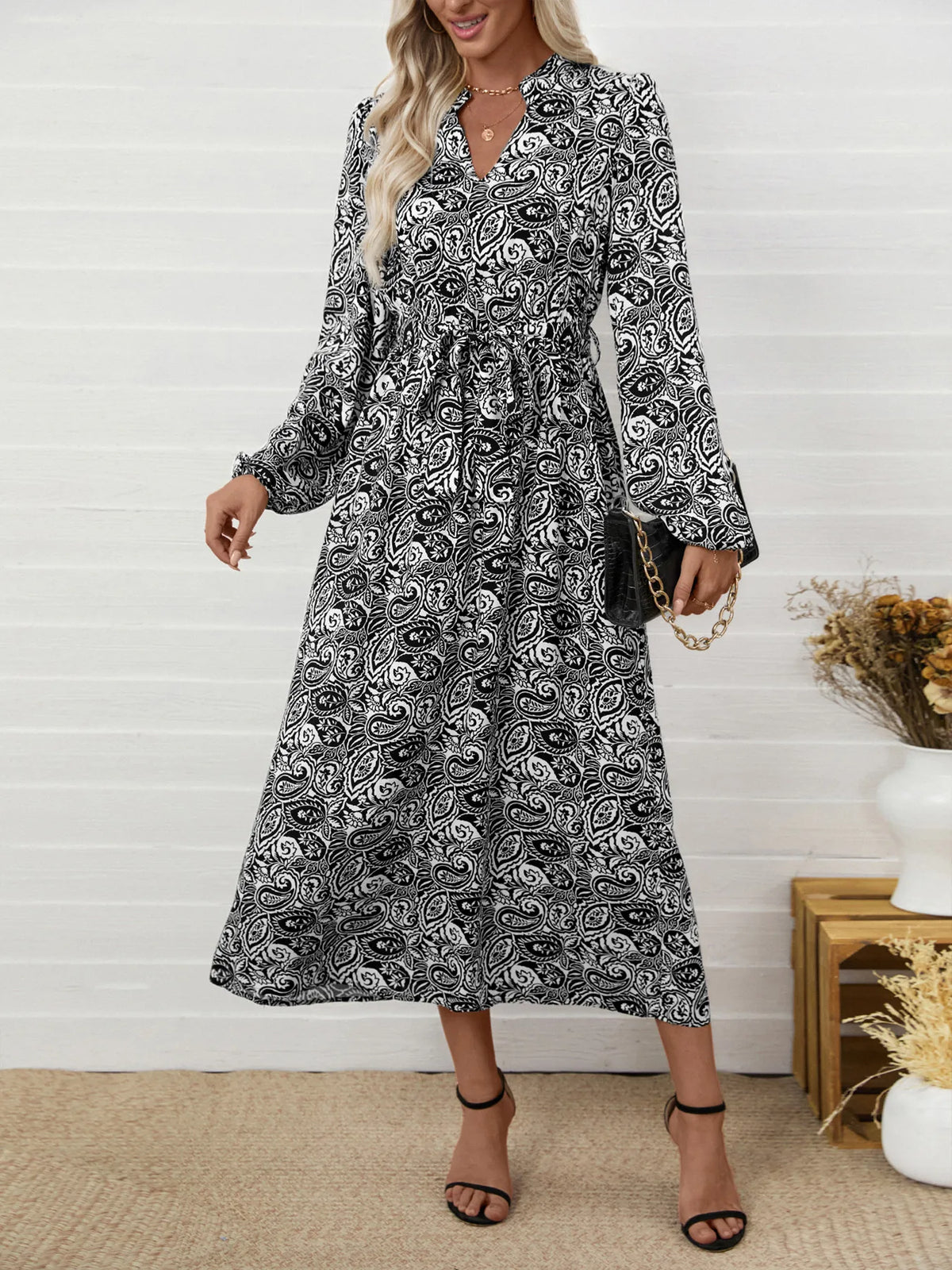 Paisley Print Long Sleeve Midi Dress in Black, view 2
