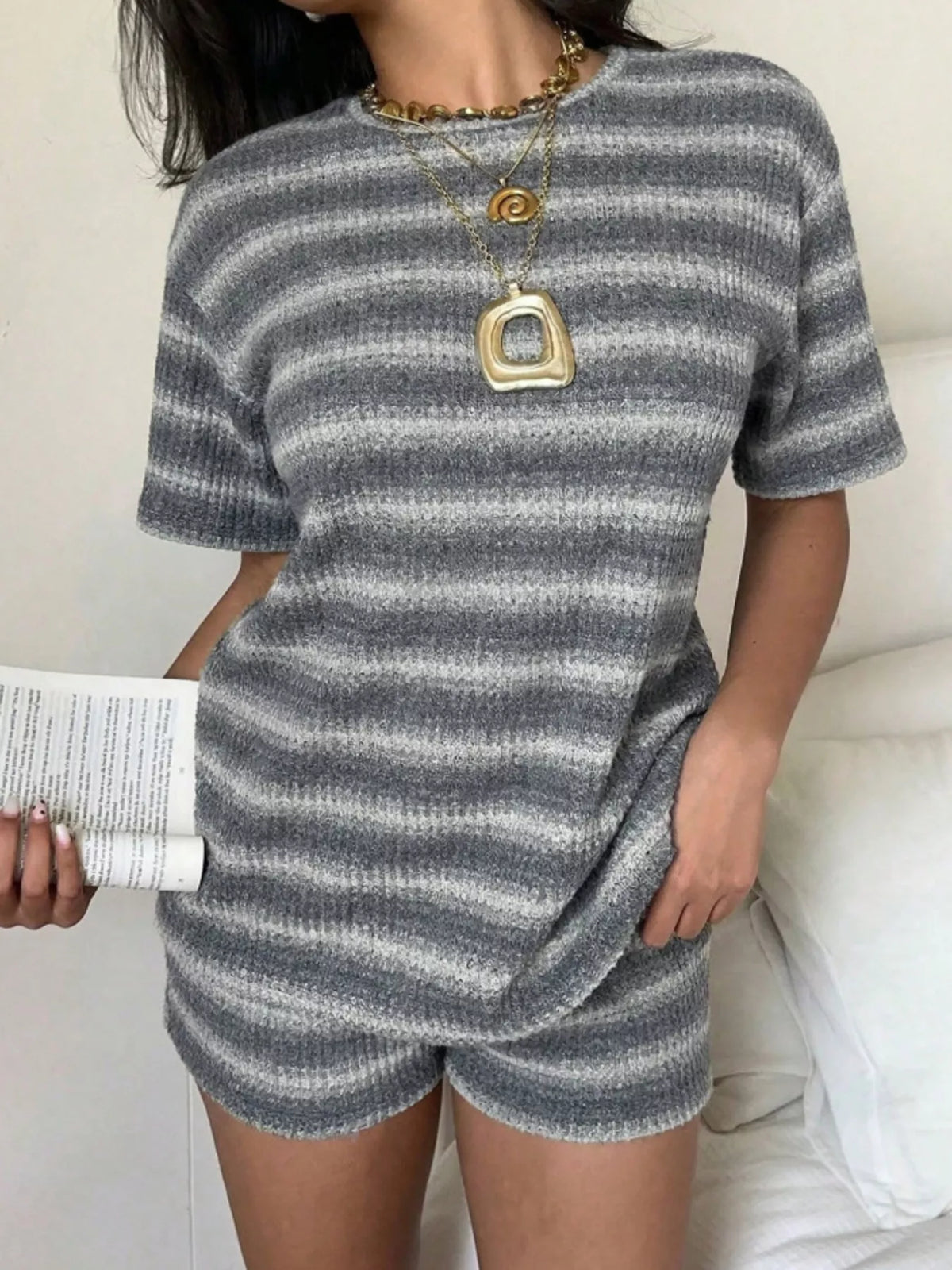 Striped Textured Knit Top and Shorts Set, view 13