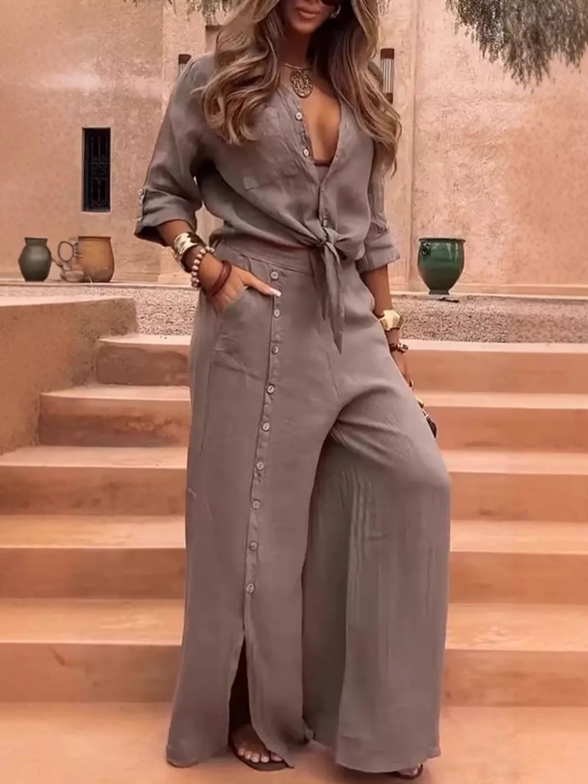 Full Size Tie-Front Shirt and Button-Down Wide-Leg Pants Set Plus Size in Taupe