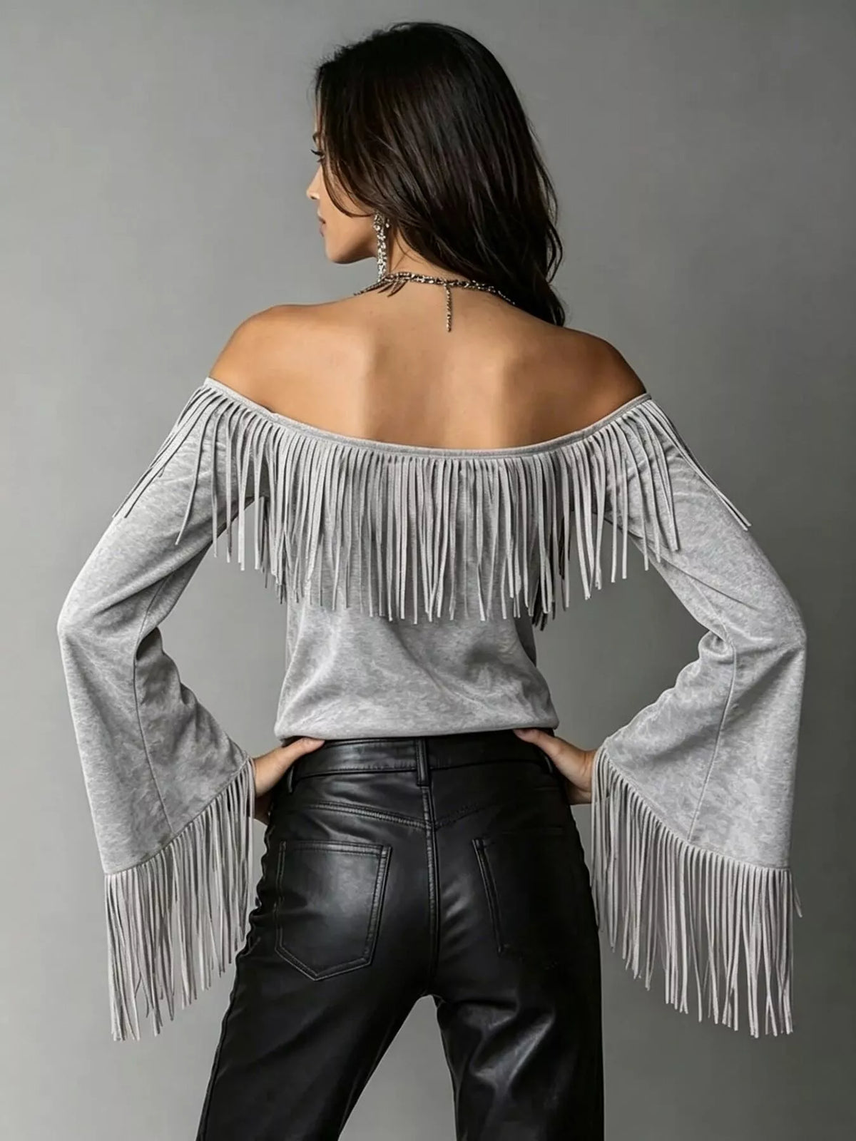 Full Size Fringed Off-Shoulder Flare Sleeve Top Plus Size - Lilixa.store