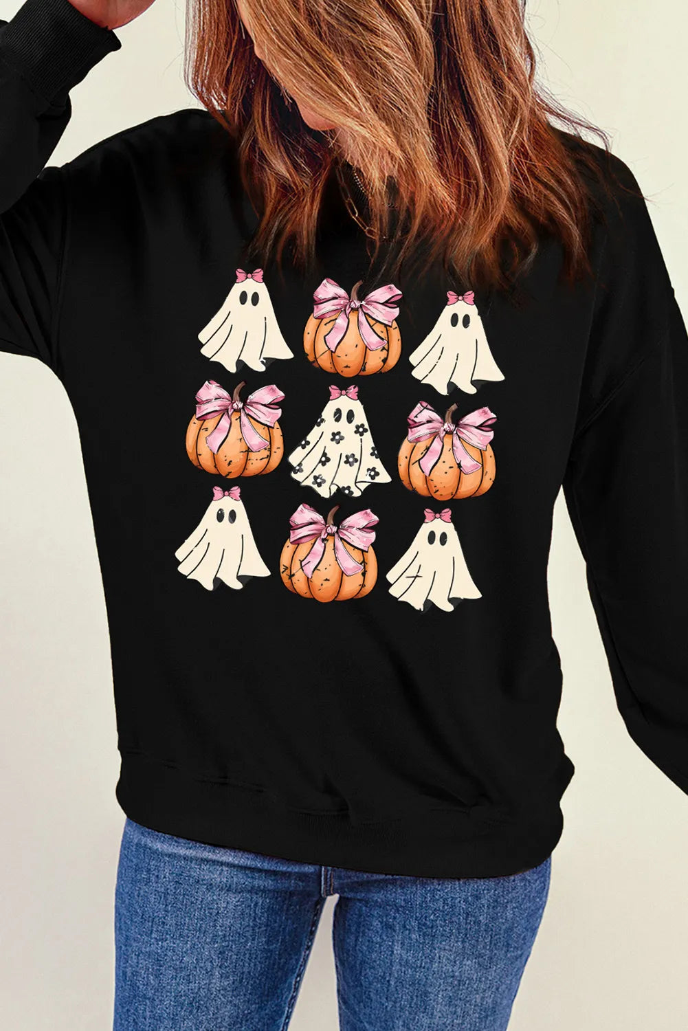 Pumpkin & Ghost Round Neck Long Sleeve Sweatshirt - Lilixa.store