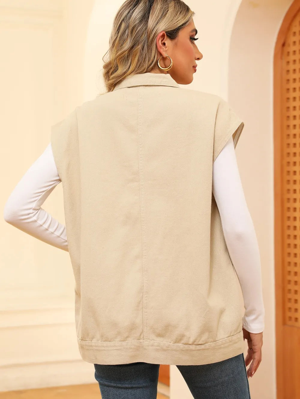 Pocketed Button Up Sleeveless Denim Jacket, view 10