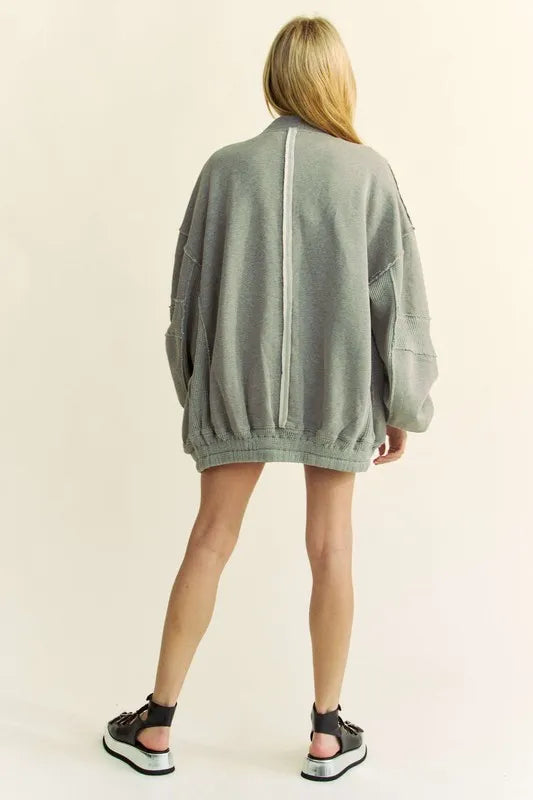 Davi & Dani Exposed Seam Zip Up Dropped Shoulder Jacket in Grey, view 7