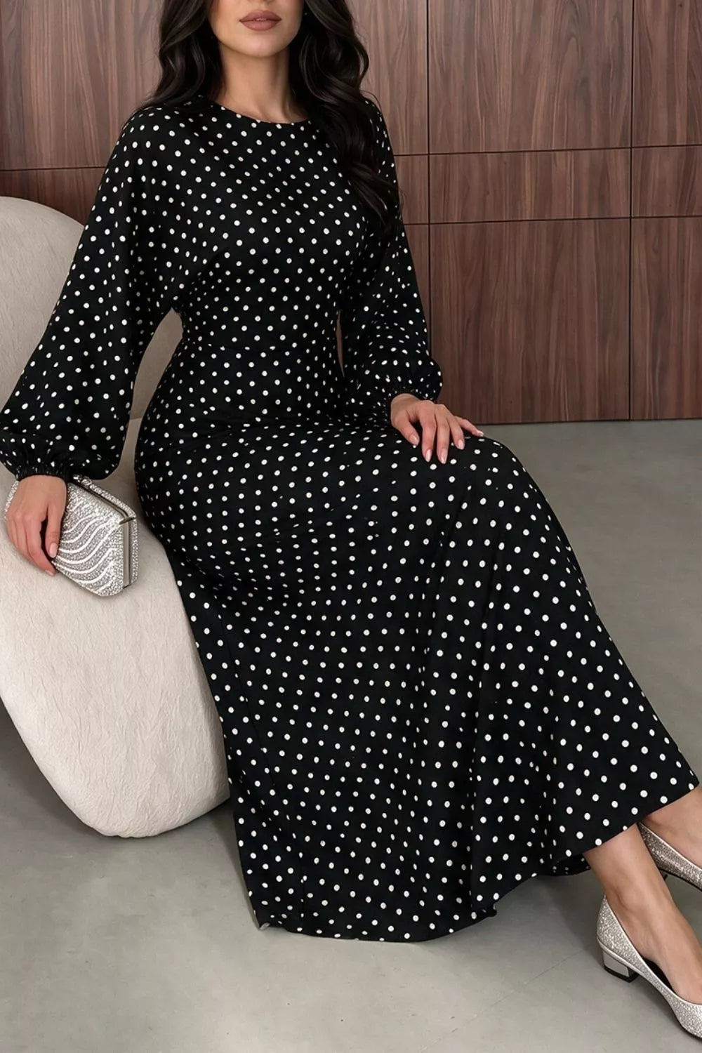 Polka Dot Long Sleeve Maxi Dress - Lilixa.store