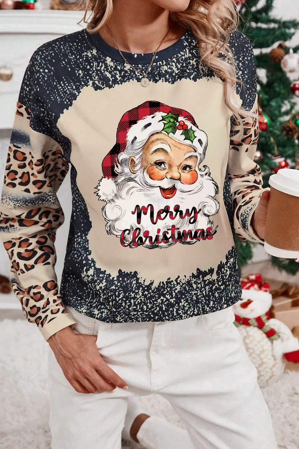 Santa Graphic Leopard Dropped Shoulder Sweatshirt - Lilixa.store