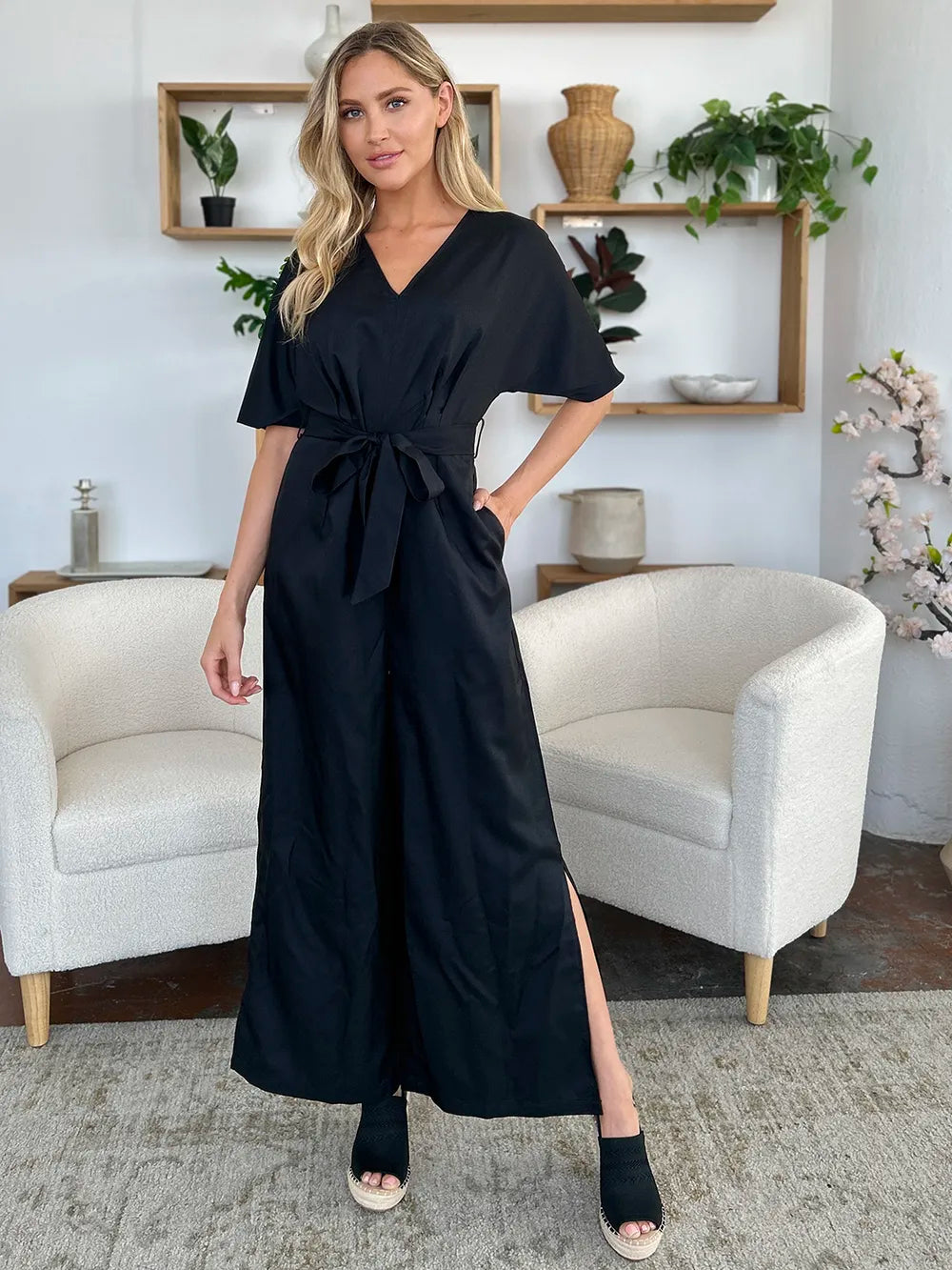 Double Take Full Size V-Neck Tied Side Slit Jumpsuit in Black, view 8