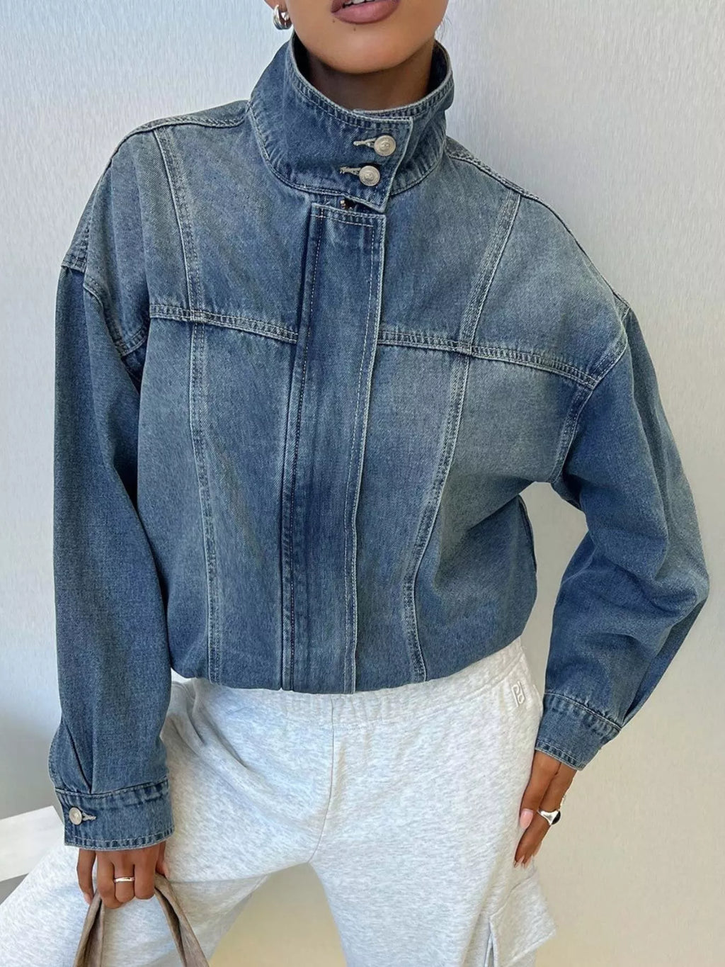 Washed Stand-Up Collar Denim Jacket - Lilixa.store