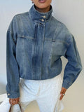 Washed Stand-Up Collar Denim Jacket - Lilixa.store