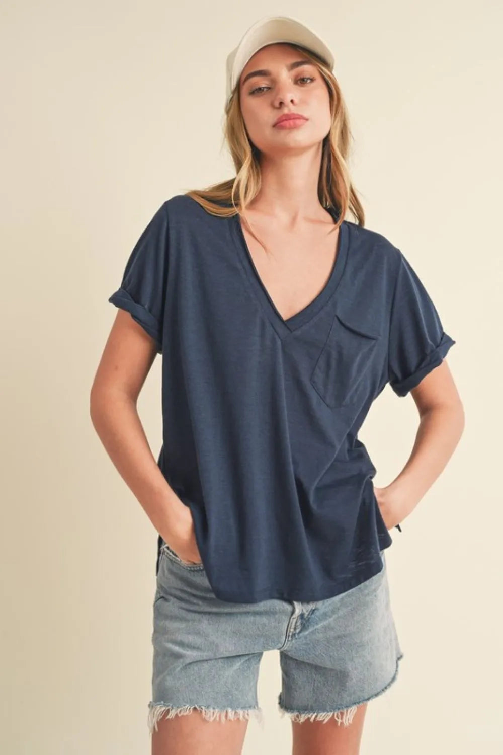 Aemi + Co Side Slit V-Neck Short Rolled Sleeve T-Shirt in Dark Navy