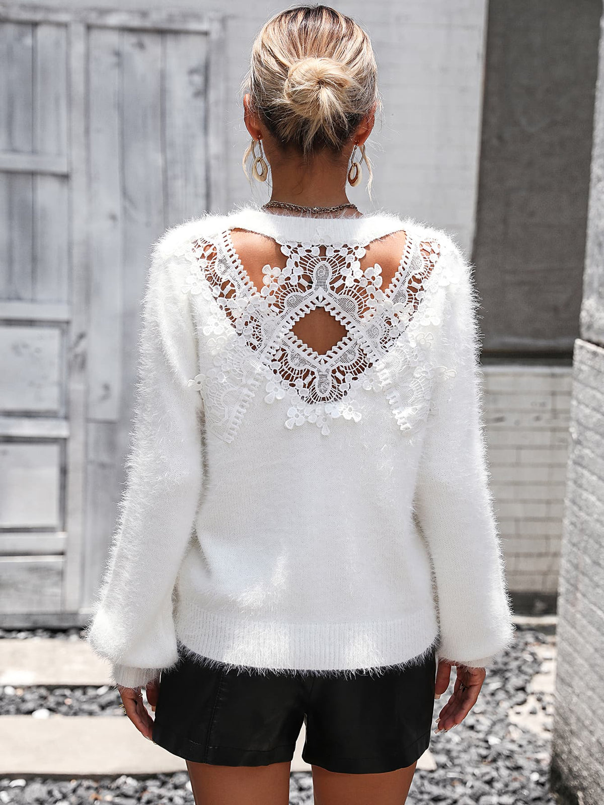 Lace Detail Cutout Long Sleeve Pullover Sweater in White