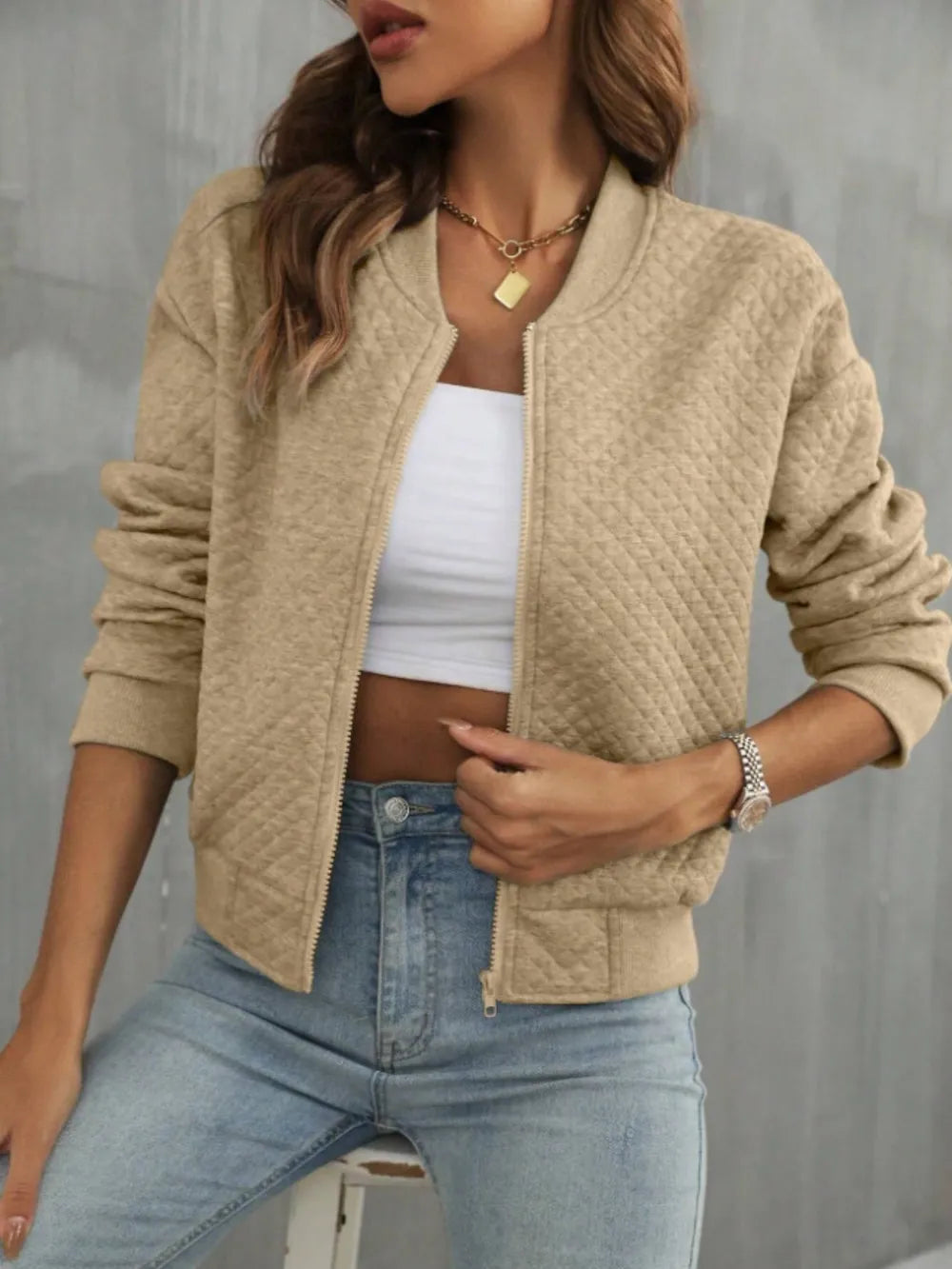 Zip Up Long Sleeve Jacket in Camel