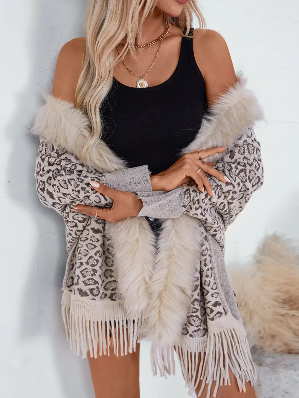 Fringe Leopard Open Front Long Sleeve Poncho in Beige